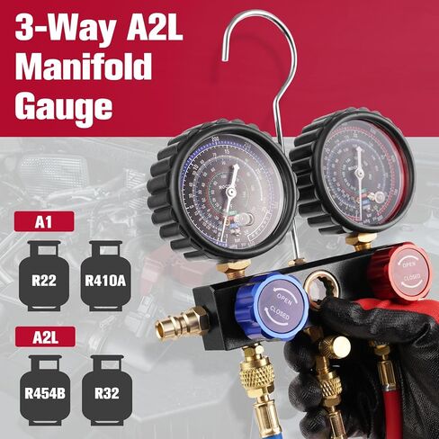 مجموعة قياس التيار المتردد R454B ثلاثية الاتجاهات، مقاييس HVAC A2L المتعددة لمبرد R454B/R32/R410A/R22 مع محولات A2L/R410a، وخراطيم 5FT in Kuwait
