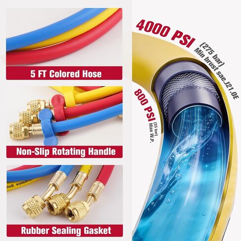 مجموعة قياس التيار المتردد R454B ثلاثية الاتجاهات، مقاييس HVAC A2L المتعددة لمبرد R454B/R32/R410A/R22 مع محولات A2L/R410a، وخراطيم 5FT in Kuwait