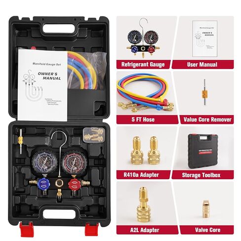 مجموعة قياس التيار المتردد R454B ثلاثية الاتجاهات، مقاييس HVAC A2L المتعددة لمبرد R454B/R32/R410A/R22 مع محولات A2L/R410a، وخراطيم 5FT in Kuwait