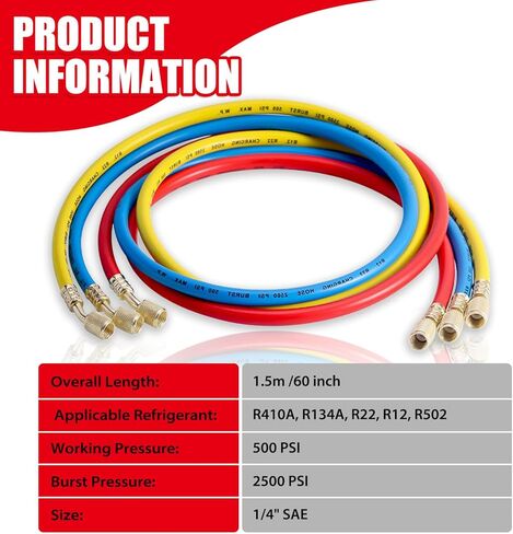 3 قطعة طقم خرطوم قياس مشعب التيار المتردد لـ R404A R12 R22 R502 R134A ، خرطوم قياس مشعب تيار متردد 5FT مع توهج أنثى 1/4 بوصة SAE in Kuwait