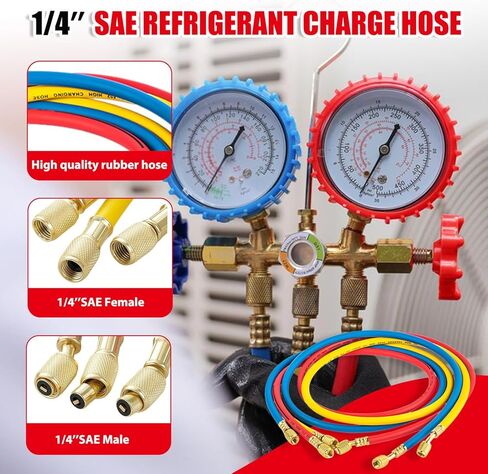 3 قطعة طقم خرطوم قياس مشعب التيار المتردد لـ R404A R12 R22 R502 R134A ، خرطوم قياس مشعب تيار متردد 5FT مع توهج أنثى 1/4 بوصة SAE in Kuwait
