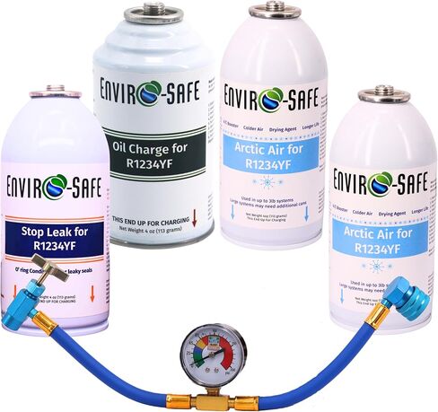 مجموعة إعادة شحن التيار المتردد التلقائي ENVIRO-SAFE R1234YF مع هواء القطب الشمالي، وشحن الزيت، وإيقاف التسرب، ومقياس، ونظام احترافي مكون من 4 قطع in Kuwait
