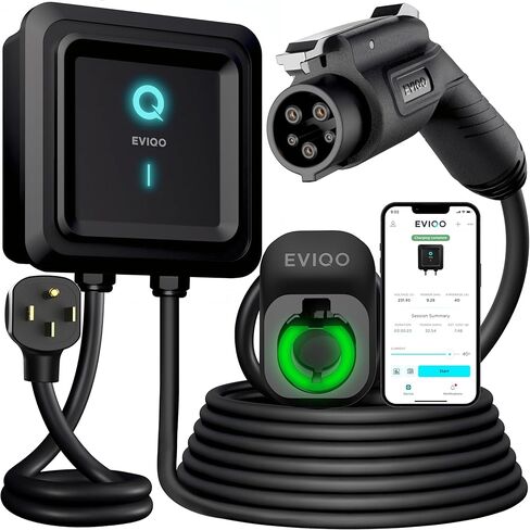 شاحن EVIQO المستوى 2 EV، 48 أمبير 240 فولت، شاحن J1772 للمركبات الكهربائية غير Tesla، كابل 25 قدم، تطبيق ذكي WiFi (2.4 جيجا هرتز)، مقاوم للطقس داخلي/خارجي (IP66، NEMA 4)، معتمد من UL & ETL، سلكي، 11.5 كيلو واط in Kuwait