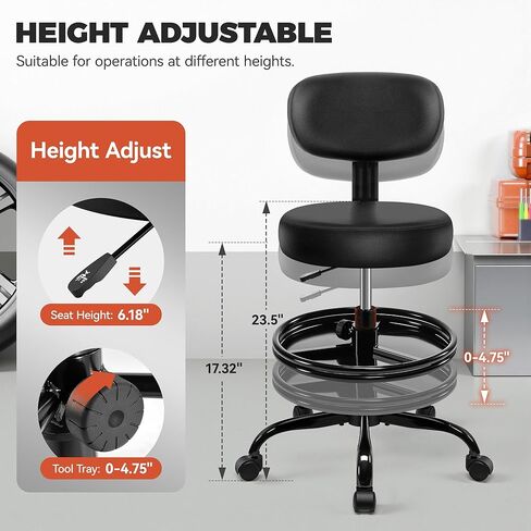 Shop Stool with Wheels for Garage, Mechanics Rolling Chair with Backrest, Adjustable Height Heavy Duty Garage Stool with Footrest and Storage Tray, Swivel Task Chair for Workshop Kitchen Salon in Saudi Arabia