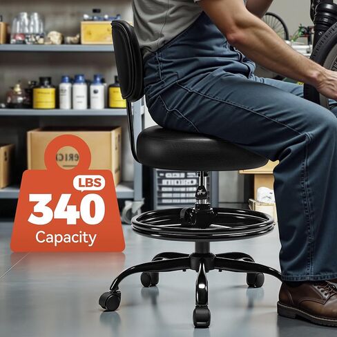 Shop Stool with Wheels for Garage, Mechanics Rolling Chair with Backrest, Adjustable Height Heavy Duty Garage Stool with Footrest and Storage Tray, Swivel Task Chair for Workshop Kitchen Salon in Saudi Arabia