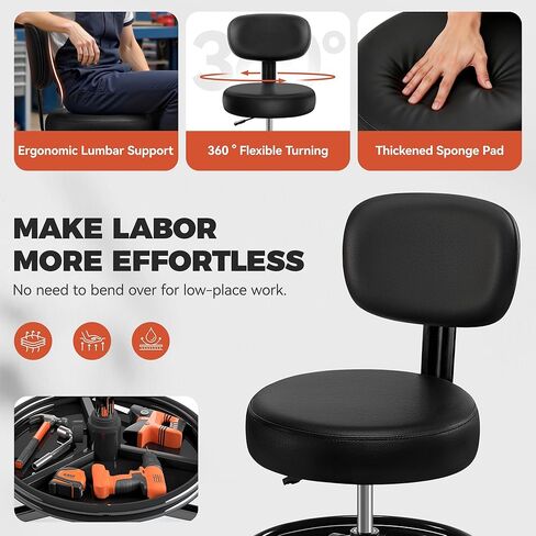 Shop Stool with Wheels for Garage, Mechanics Rolling Chair with Backrest, Adjustable Height Heavy Duty Garage Stool with Footrest and Storage Tray, Swivel Task Chair for Workshop Kitchen Salon in Saudi Arabia