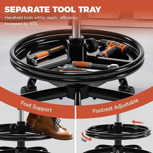Shop Stool with Wheels for Garage, Mechanics Rolling Chair with Backrest, Adjustable Height Heavy Duty Garage Stool with Footrest and Storage Tray, Swivel Task Chair for Workshop Kitchen Salon in Saudi Arabia