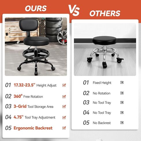 Shop Stool with Wheels for Garage, Mechanics Rolling Chair with Backrest, Adjustable Height Heavy Duty Garage Stool with Footrest and Storage Tray, Swivel Task Chair for Workshop Kitchen Salon in Saudi Arabia
