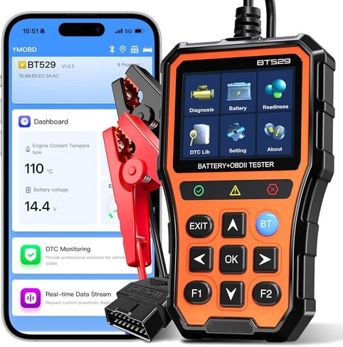 ماسح ضوئي BT529 Bluetooth Obd2 واختبار بطارية السيارة، أداة تشخيص السيارة 2 في 1 لأجهزة iPhone وAndroid، فحص قارئ رمز المحرك، اختبار الأداء، تحليل الرحلة، محلل بطارية 12 فولت لجميع المركبات 1996+ in Kuwait