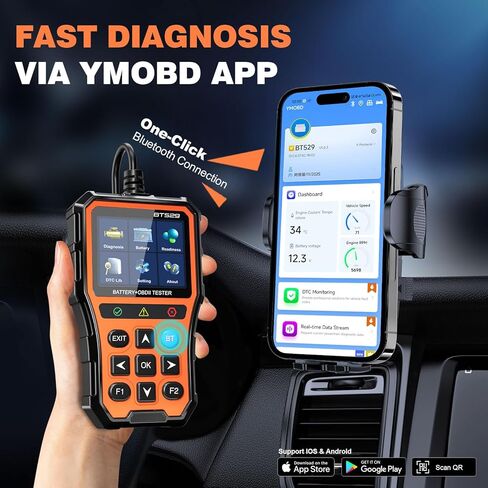 ماسح ضوئي BT529 Bluetooth Obd2 واختبار بطارية السيارة، أداة تشخيص السيارة 2 في 1 لأجهزة iPhone وAndroid، فحص قارئ رمز المحرك، اختبار الأداء، تحليل الرحلة، محلل بطارية 12 فولت لجميع المركبات 1996+ in Kuwait
