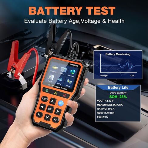 ماسح ضوئي BT529 Bluetooth Obd2 واختبار بطارية السيارة، أداة تشخيص السيارة 2 في 1 لأجهزة iPhone وAndroid، فحص قارئ رمز المحرك، اختبار الأداء، تحليل الرحلة، محلل بطارية 12 فولت لجميع المركبات 1996+ in Kuwait