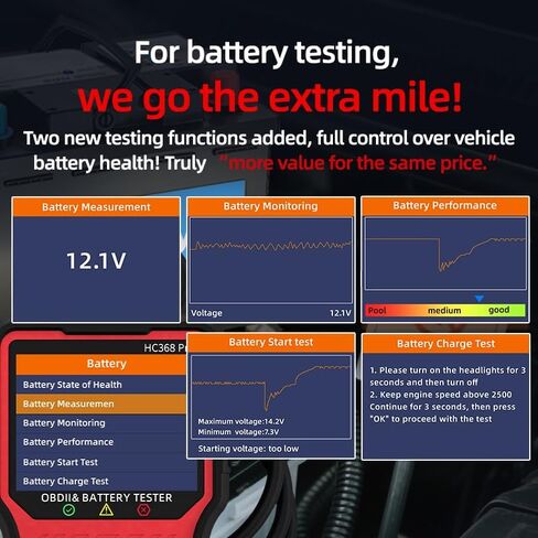 ماسح ضوئي OBD2 مع جهاز اختبار البطارية: تصميم 2 في 1 1S قراءة ومسح رموز المحرك للتشخيص التلقائي - يناسب 99.8% نظام شحن اختبار المركبات وبطارية 12 فولت لسيارات 1996+، إعداد سريع لمدة 3 دقائق in Kuwait