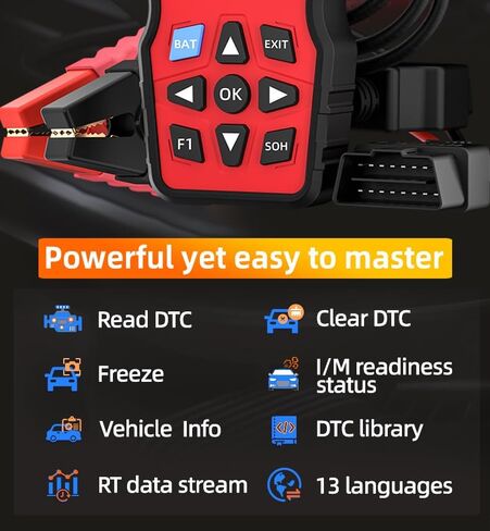 ماسح ضوئي OBD2 مع جهاز اختبار البطارية: تصميم 2 في 1 1S قراءة ومسح رموز المحرك للتشخيص التلقائي - يناسب 99.8% نظام شحن اختبار المركبات وبطارية 12 فولت لسيارات 1996+، إعداد سريع لمدة 3 دقائق in Kuwait