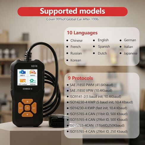 سيارة obd2 الماسح الضوئي v318 قراءة فحص المحرك ضوء البطارية الجهد اختبار EVAP 10 لغة قارئ رمز السيارة لجميع المركبات obdii in Kuwait