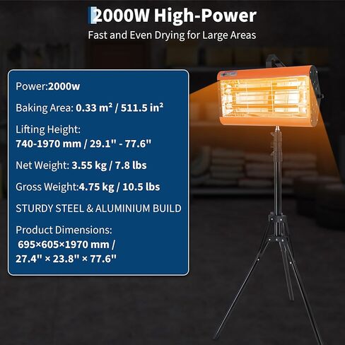 Garvee Infrared Paint Curing Lamp 2000W Handheld & Stand Dual Use, 10-Min Fast Dry for Auto Body, 0-90 Min Timer, 110V 0.33㎡/3.55 sq.ft Coverage, w/Quartz Tube & Wheels for On-Site Car Repair in Kuwait