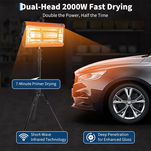 Garvee Infrared Paint Curing Lamp 2000W Handheld & Stand Dual Use, 10-Min Fast Dry for Auto Body, 0-90 Min Timer, 110V 0.33㎡/3.55 sq.ft Coverage, w/Quartz Tube & Wheels for On-Site Car Repair in Kuwait