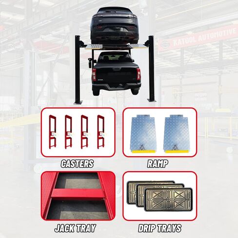 KT-4H950 110V 3.0HP أربع أعمدة رفع لوقوف السيارات والشاحنات، لوحة ألومنيوم مع عجلات وقدرة رفع 9500 رطل، أقصى ارتفاع للرفع 84.5 بوصة عرض إضافي 113 بوصة in Kuwait