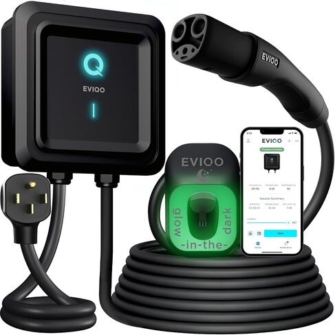 شاحن EVIQO NACS لشاحن Tesla 48 Amp 240V سلكي من المستوى 2 EV - شاحن حائط EV المستوى 2، كابل 25 قدمًا، WiFi (2.4 جيجا هرتز) تطبيق ذكي - مقاوم للطقس، خارجي (IP66، NEMA 4) UL، معتمد من ETL in Kuwait
