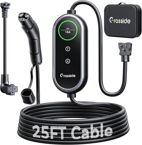 2026 New Grasside Level 1&2 EV Charger, 8-16Amp Adjustable Current & Timer, 25FT EV Charging Cord, Portable electric car charger, NEMA 5-15 & 6-20P, J1772 Charging Cable/Station for All J1772 EV/PHEVs in Kuwait