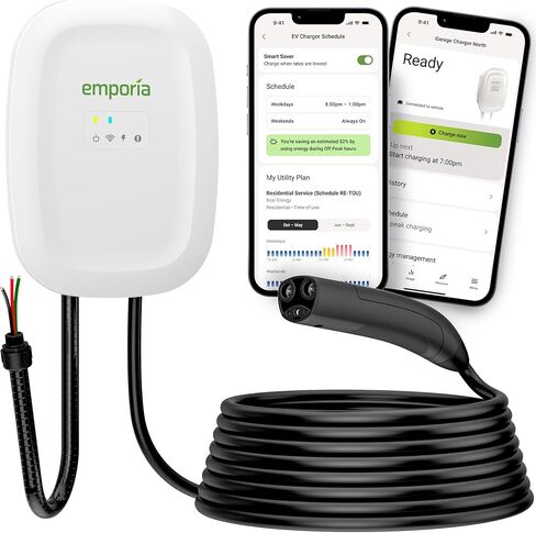 شاحن EMPORIA Level 2 EV مع NACS، متوافق مع Tesla - شاحن سيارة كهربائي 48 أمبير، تم تكوينه مسبقًا للتركيب السلكي مع السوط، EVSE مزود بتقنية WiFi من UL/Energy Star، كابل 24 قدمًا، أبيض in Kuwait