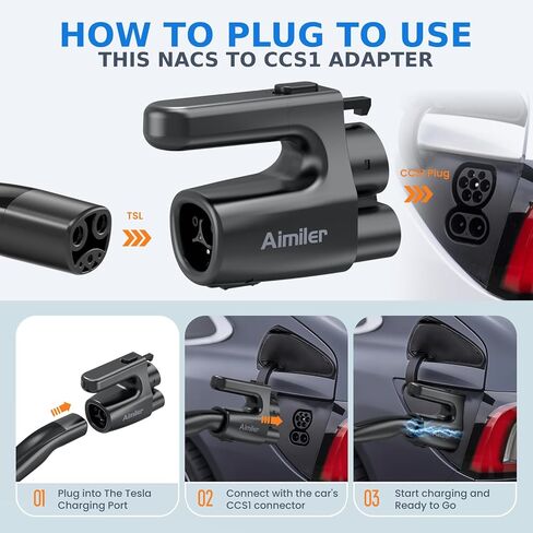 AIMILER NACS to CCS1 Adapter, 500 Amps / 1,000V Nacs to DC Adapter Compatible with Tesla V3/V4 Superchargers - Fast Charge CCS1 EVs [Check with Your Automaker for Compatibility] (Jet) in Kuwait