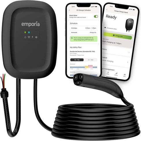 شاحن EMPORIA Level 2 EV مع NACS، متوافق مع Tesla - شاحن سيارة كهربائي 48 أمبير، تم تكوينه مسبقًا للتركيب السلكي مع السوط، EVSE مزود بتقنية WiFi من UL/Energy Star، كابل 24 قدمًا، أبيض in Kuwait