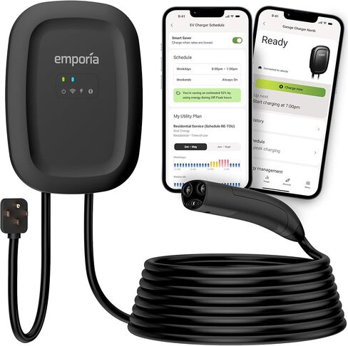 شاحن EMPORIA Level 2 EV مع NACS، متوافق مع Tesla - شاحن سيارة كهربائي 48 أمبير، تم تكوينه مسبقًا للتركيب السلكي مع السوط، EVSE مزود بتقنية WiFi من UL/Energy Star، كابل 24 قدمًا، أبيض in Kuwait