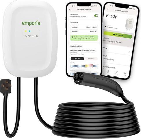 شاحن EMPORIA Level 2 EV مع NACS، متوافق مع Tesla - شاحن سيارة كهربائي 48 أمبير، تم تكوينه مسبقًا للتركيب السلكي مع السوط، EVSE مزود بتقنية WiFi من UL/Energy Star، كابل 24 قدمًا، أبيض in Kuwait