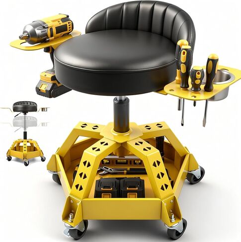Rolling Shop Stool with Wheels, Garage Mechanic Stool with Backrest, Metal Heavy Duty Roller Mechanic Chair with Tool Tray, 5-Wheel Anti-tip Design,22"-26" Adjustable Height, 330 LBS Capacity (Yellow) in Kuwait