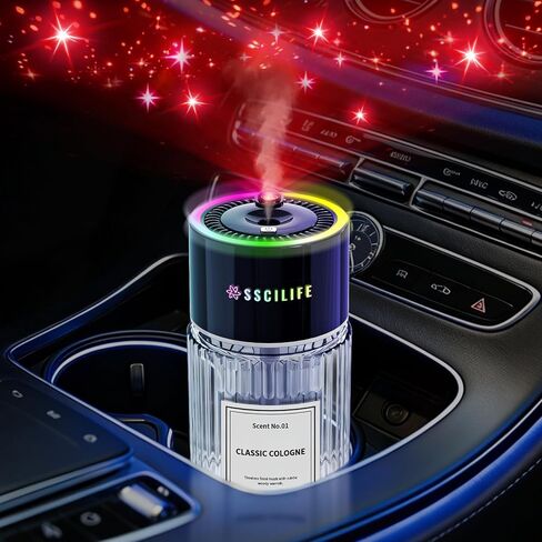 Smart Car Air Freshener with Auto Sensor, Car Aroma Diffuser with RGB Music Syncing Light & Starry Sky Projection, Up to 120 Day Use, 120ML Capacity, Scent: No.01-Classic Cologne in Kuwait