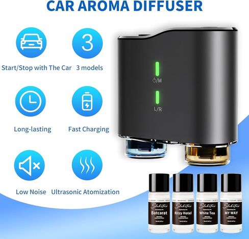 طقم موزع روائح السيارة بدون ماء مع 4 زيوت عطرية - معطر هواء فاخر مستوحى من الفنادق للسيارات والمركبات والمكاتب والمساحات الصغيرة (أسود، عطر الفندق) in Kuwait