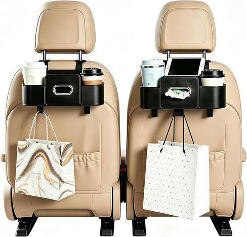 2 Pack 5-in-1 Car Seat Back Organizer, Car Headrest Storage Box with Cup Holder, Tissue Box, Phone Slot & Hooks, Universal Car Interior Storage Accessories, Black in Kuwait