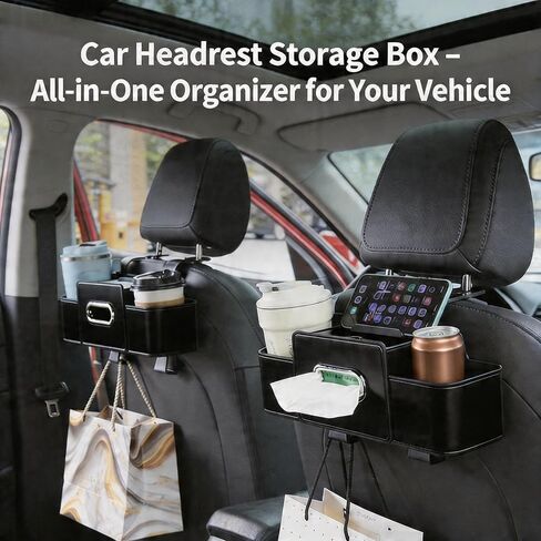 2 Pack 5-in-1 Car Seat Back Organizer, Car Headrest Storage Box with Cup Holder, Tissue Box, Phone Slot & Hooks, Universal Car Interior Storage Accessories, Black in Kuwait
