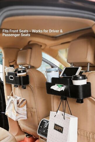 2 Pack 5-in-1 Car Seat Back Organizer, Car Headrest Storage Box with Cup Holder, Tissue Box, Phone Slot & Hooks, Universal Car Interior Storage Accessories, Black in Kuwait