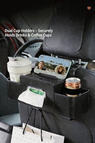 2 Pack 5-in-1 Car Seat Back Organizer, Car Headrest Storage Box with Cup Holder, Tissue Box, Phone Slot & Hooks, Universal Car Interior Storage Accessories, Black in Kuwait