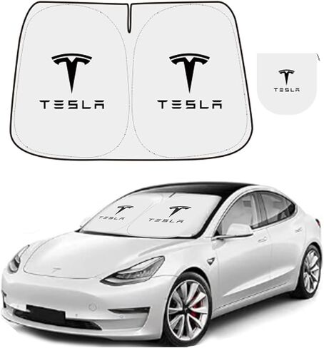 300T Sunshade for Tesla Model Y Model 3, Car Accessories 2026 for Tesla, Front Window Sunshade with Organizer Bag, Gifts for Tesla Owners in Kuwait