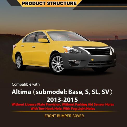 CNNELL Front Bumper Cover Fascia Compatible with Nissan Altima Base, S, SL, SV 2013-2015, Without License Plate Provision & Sensor Holes, with Tow Hook Hole & Fog Light Holes 620223TA0H, NI1000285 in Kuwait