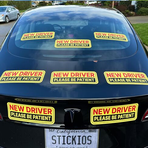Stickios New Driver Stickers (Non-Magnetic) for Cars & Windows - Reusable, Removable, Paint-Safe Vinyl Decals - Made in USA (10.5x4 inches, 2-Pack) in Kuwait