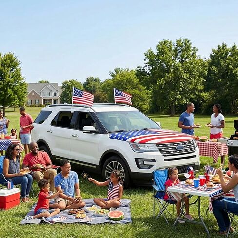 EBaokuup American Flag Car Hood Cover Set, 63 x 47 Inch Universal USA Flag Hood Wrap with Small Flags and Secure Clips, Patriotic American Flag Hood Cover for Independence Day Memorial Day in Kuwait