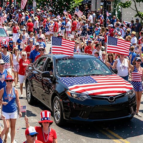 EBaokuup American Flag Car Hood Cover Set, 63 x 47 Inch Universal USA Flag Hood Wrap with Small Flags and Secure Clips, Patriotic American Flag Hood Cover for Independence Day Memorial Day in Kuwait