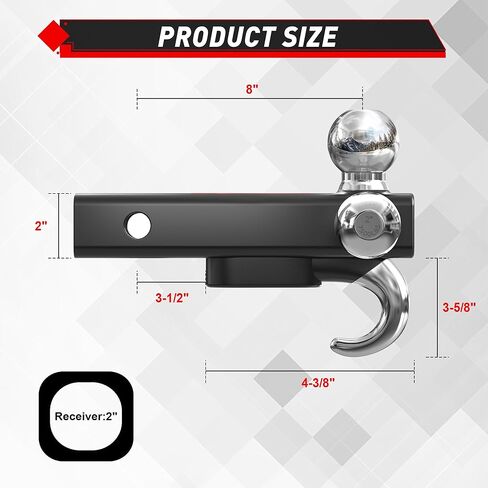 TYT Trailer Hitch Tri Ball Mount with Tow Hook,Fits 2 inch Receiver,Triple Balls (1-7/8", 2", 2-5/16"),10,000 lbs GTW,1,000 lbs TW,with Hitch pin in Kuwait