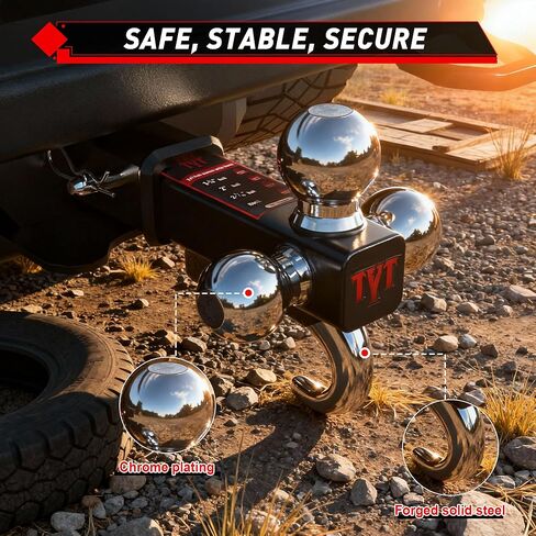 TYT Trailer Hitch Tri Ball Mount with Tow Hook,Fits 2 inch Receiver,Triple Balls (1-7/8", 2", 2-5/16"),10,000 lbs GTW,1,000 lbs TW,with Hitch pin in Kuwait