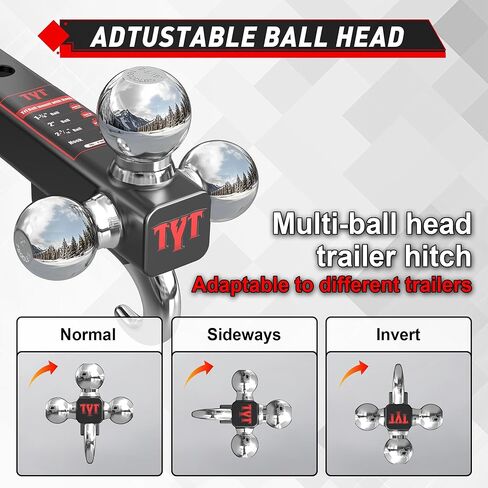 TYT Trailer Hitch Tri Ball Mount with Tow Hook,Fits 2 inch Receiver,Triple Balls (1-7/8", 2", 2-5/16"),10,000 lbs GTW,1,000 lbs TW,with Hitch pin in Kuwait