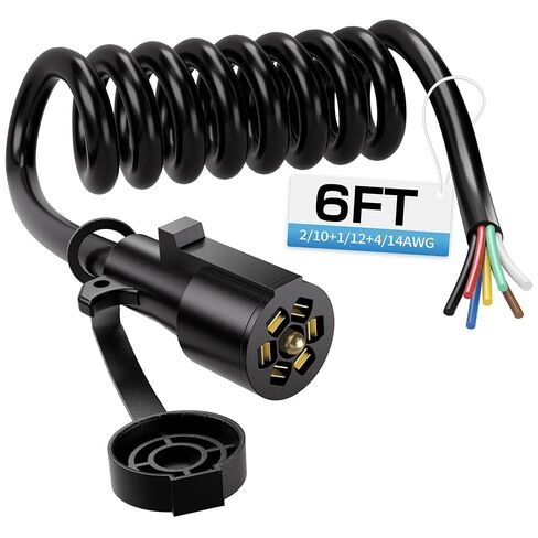 6 FT 7 Pin Trailer Plug, Trailer Wiring Harness with Double Prongs, 7 Way Coiled Trailer Cord End Connector Harness for RVs, Easily to Trailer Lighting System in Kuwait