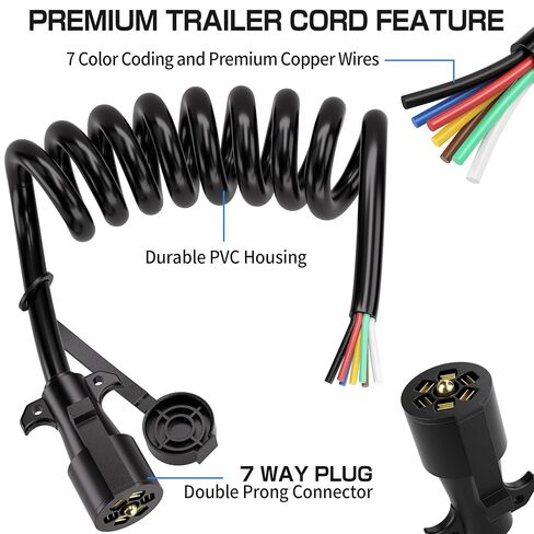 6 FT 7 Pin Trailer Plug, Trailer Wiring Harness with Double Prongs, 7 Way Coiled Trailer Cord End Connector Harness for RVs, Easily to Trailer Lighting System in Kuwait