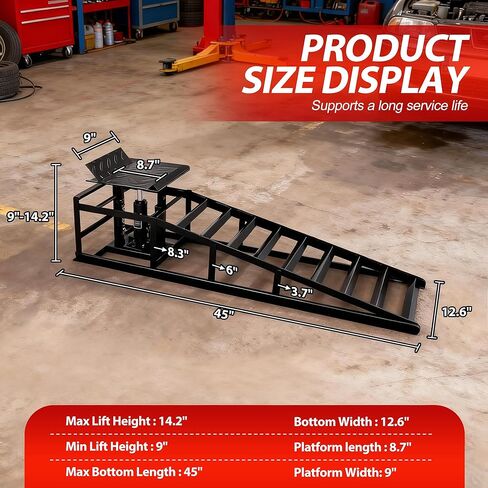 2 PCS Hydraulic Car Ramp, 11065LBS 5T Heavy Duty Car Ramps with Hydraulic Jack, Steel Car Ramps for Oil Changes High Lift 9"-14.3" for Home Garage, Vehicle Truck Repair, Black in Kuwait