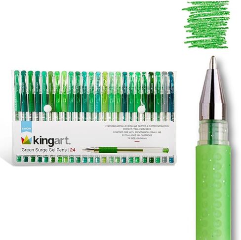 KINGART 400-24G Green Tones Rollerball Gel Pens, Set of 24 Colors, XL Ink Cartridge - More Ink, All Ages, Writing, Coloring, Doodling, Scrapbooking, Journaling & More in Saudi Arabia