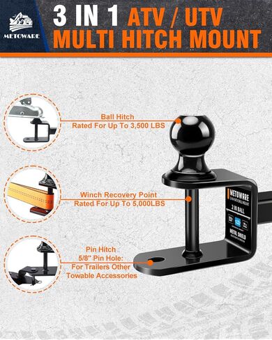 METOWARE ATV/UTV Trailer Hitch 3-in-1 Towing Ball Mount, Fits 1-1/4 Inch Receiver with 2-Inch Ball Hitch Rated 3500 LBS, Towing Hitch with 1/2" Clevis Pin in Kuwait