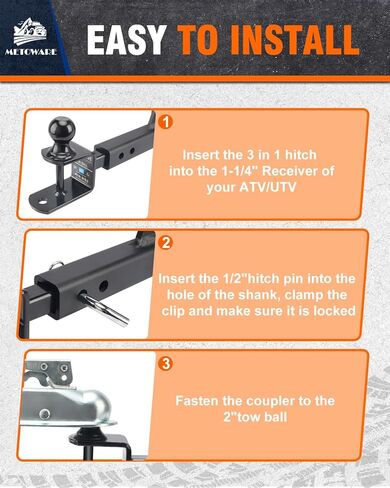 METOWARE ATV/UTV Trailer Hitch 3-in-1 Towing Ball Mount, Fits 1-1/4 Inch Receiver with 2-Inch Ball Hitch Rated 3500 LBS, Towing Hitch with 1/2" Clevis Pin in Kuwait