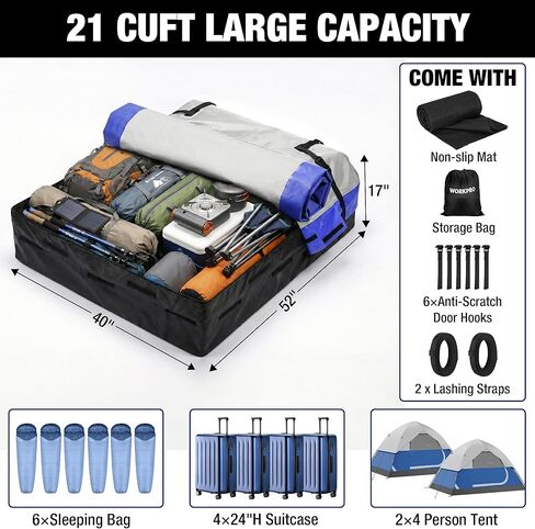 حقيبة سقف حامل البضائع على السطح من WORKPRO بطول 21 قدم مكعب، حامل بضائع على السقف مقاوم للماء للمركبات مع/بدون رف، بولي كلوريد الفينيل عالي التحمل 840D، يتضمن حصيرة مضادة للانزلاق، 6 خطافات أبواب وحقيبة تخزين in Kuwait